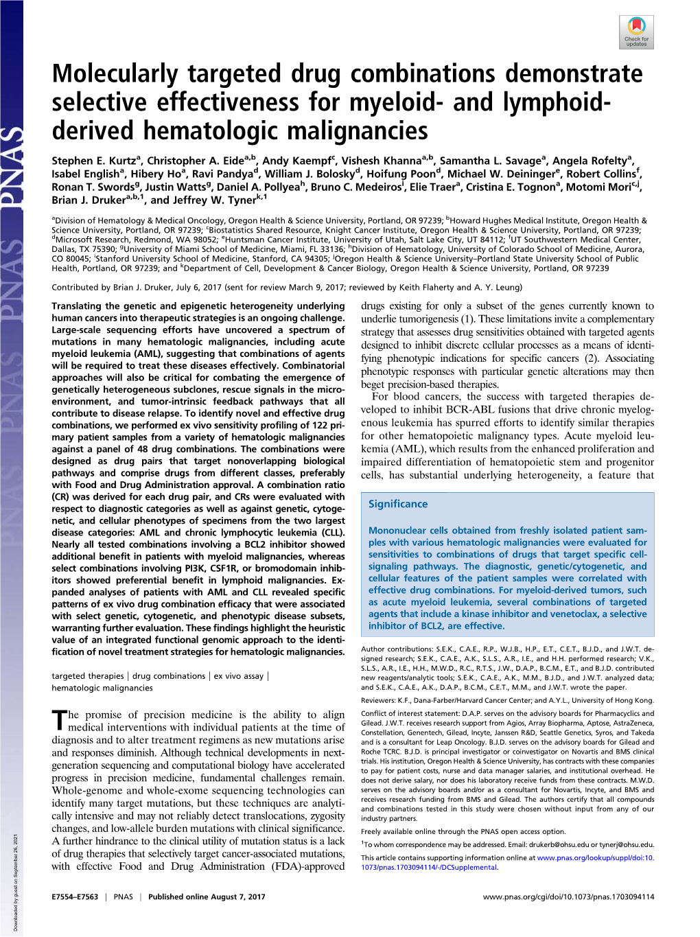 Molecularly Targeted Drug Combinations Demonstrate Selective Effectiveness for Myeloid- and Lymphoid- Derived Hematologic Malignancies