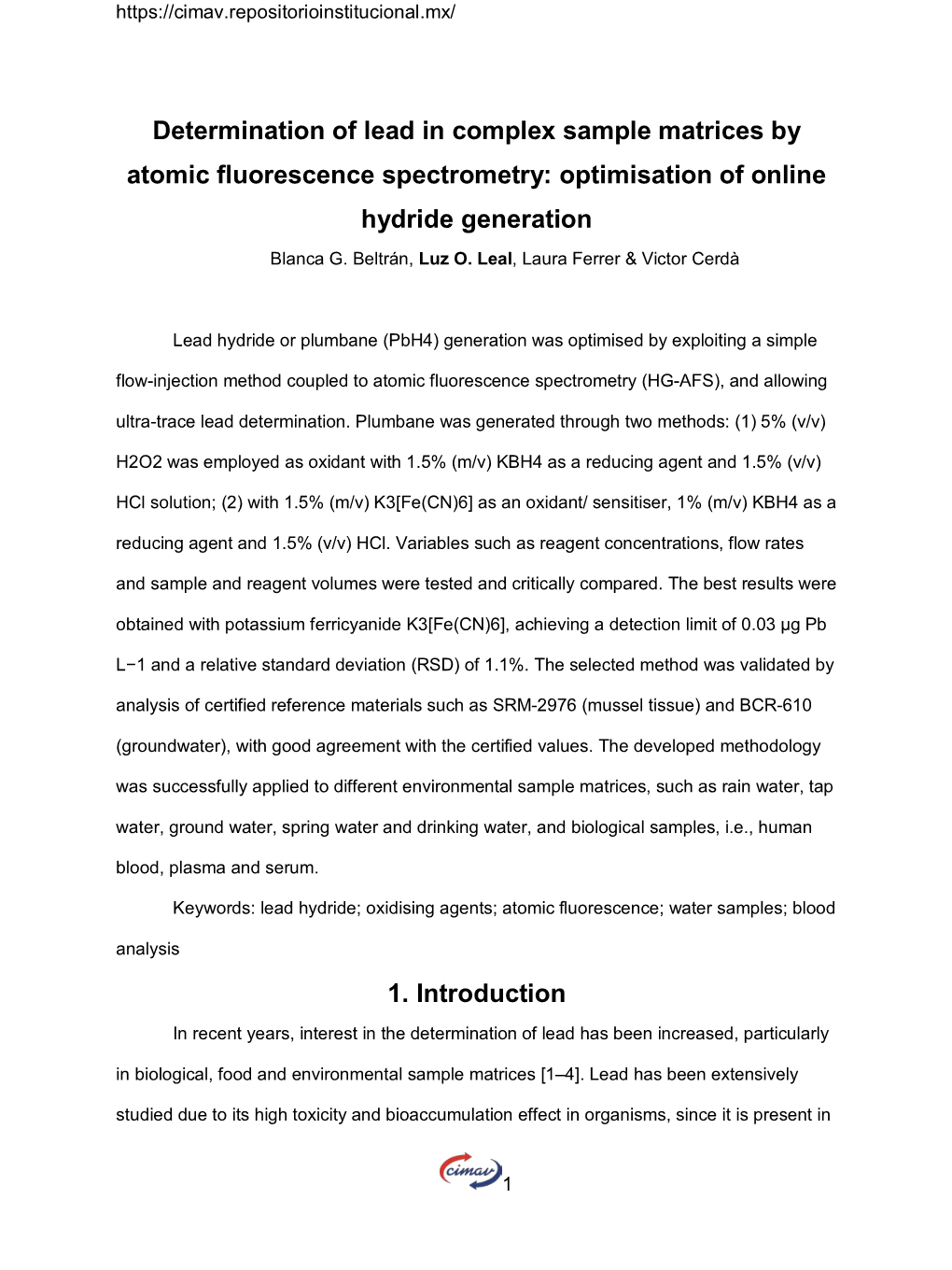 Determination of Lead in Complex Sample Matrices by Atomic Fluorescence Spectrometry: Optimisation of Online Hydride Generation Blanca G