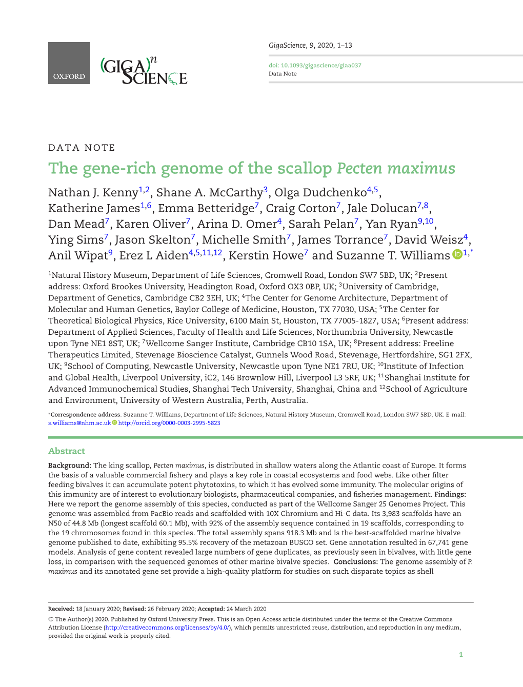 The Gene-Rich Genome of the Scallop Pecten Maximus Nathan J