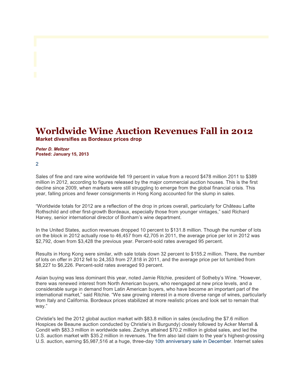 Worldwide Wine Auction Revenues Fall in 2012 Market Diversifies As Bordeaux Prices Drop