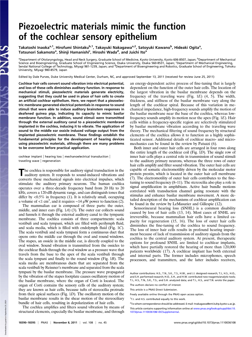 Piezoelectric Materials Mimic the Function of the Cochlear Sensory Epithelium