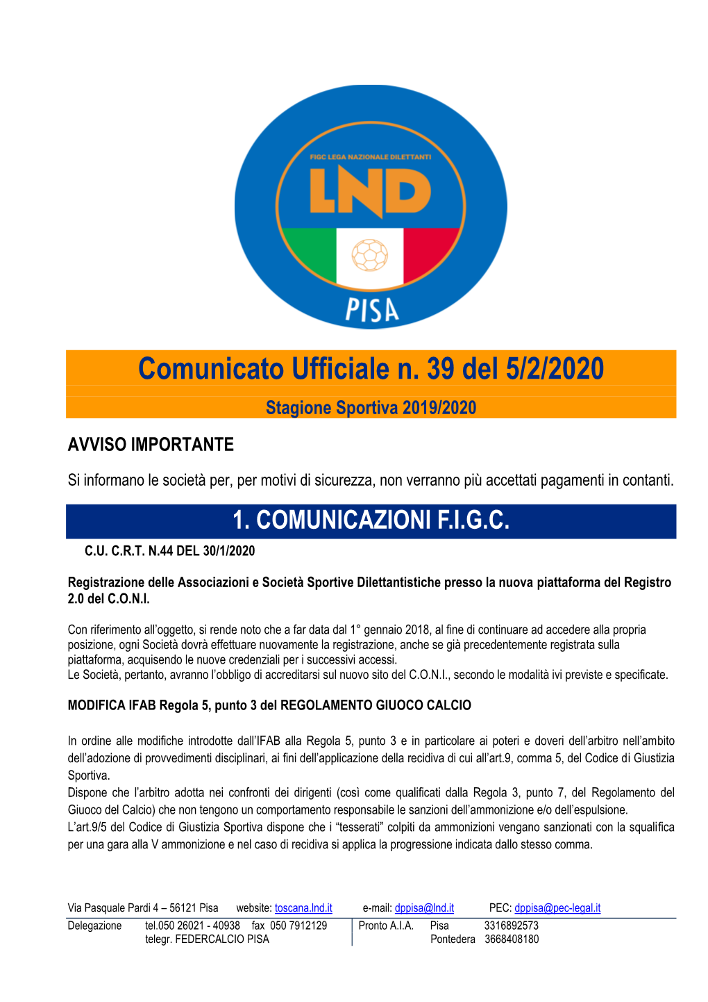 Comunicato Ufficiale N. 39 Del 5/2/2020