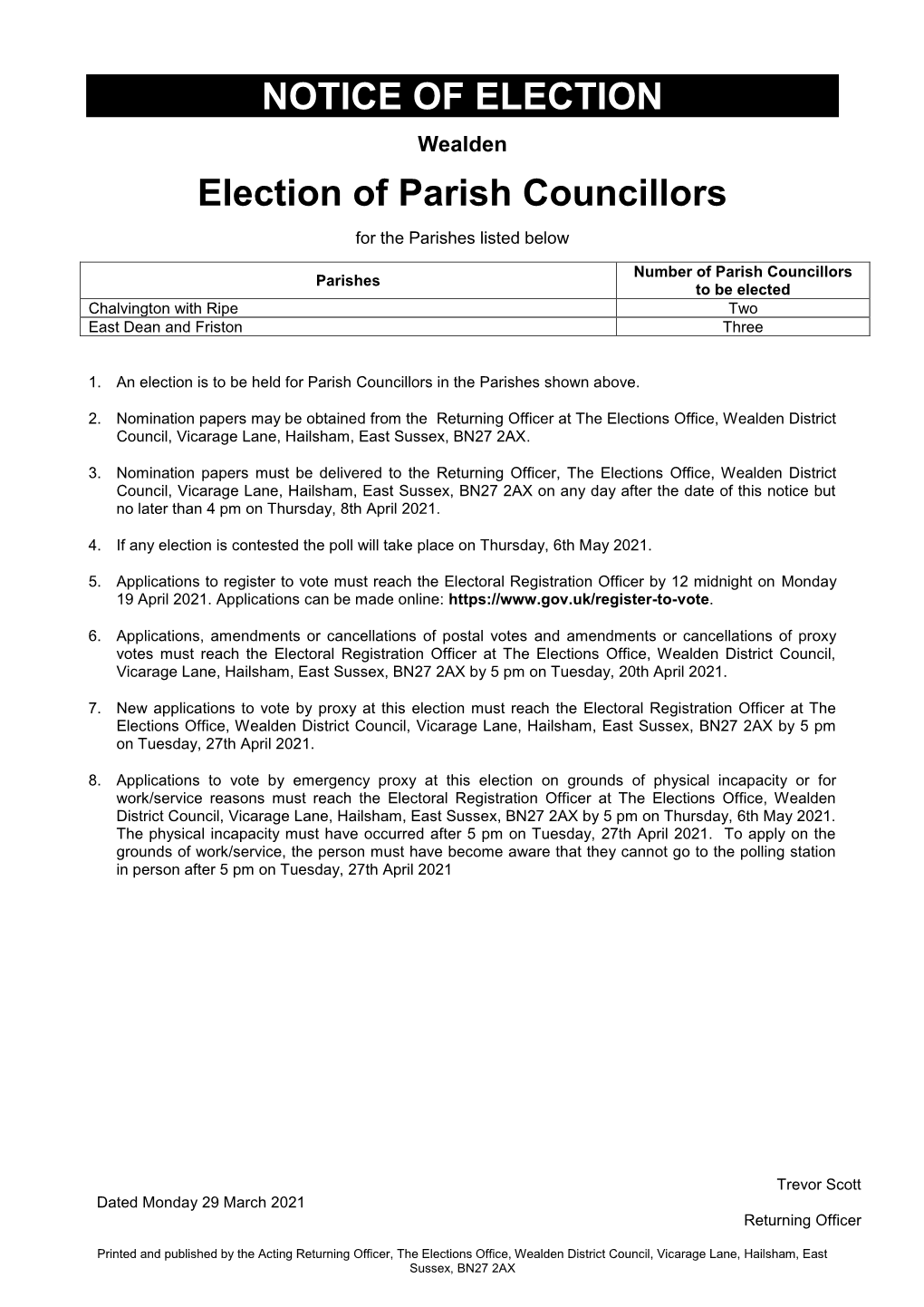 NOTICE of ELECTION Election of Parish Councillors