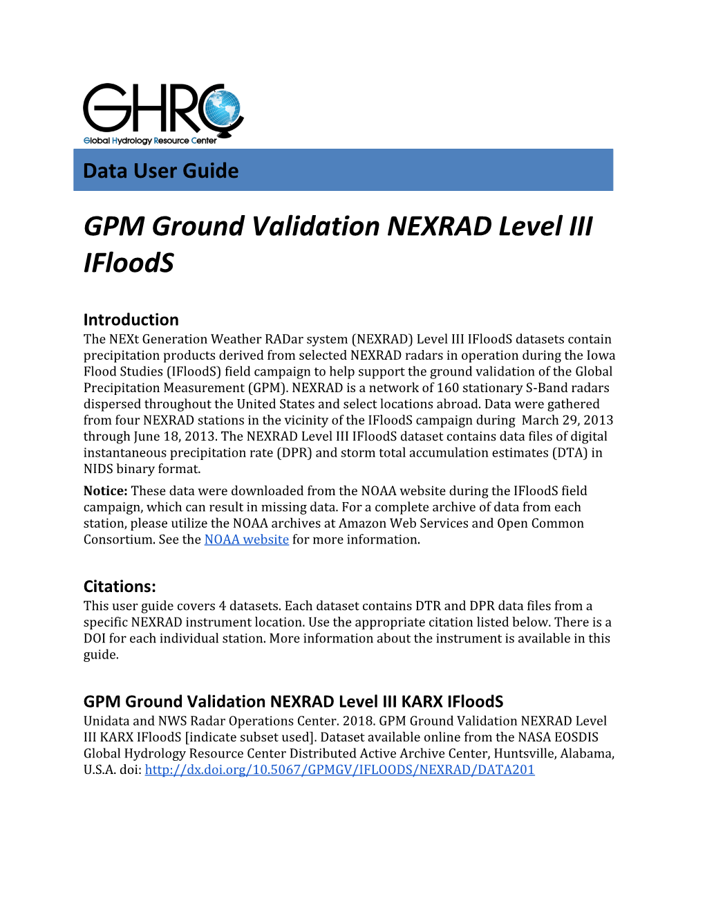 GPM Ground Validation NEXRAD Level III Ifloods