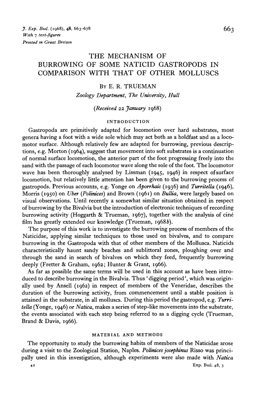 The Mechanism of Burrowing of Some Naticid Gastropods in Comparison with That of Other Molluscs