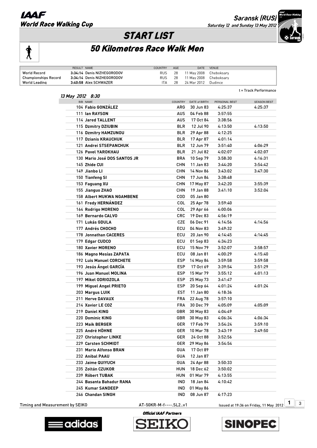 START LIST 50 Kilometres Race Walk Men