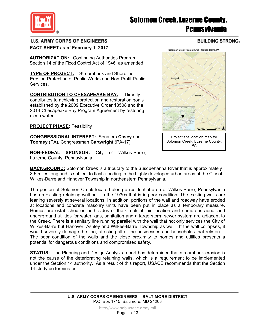 Solomon Creek, Luzerne County, Pennsylvania Solomon Creek, FACT SHEET As of February 1, 2017 Luzerne County, PA