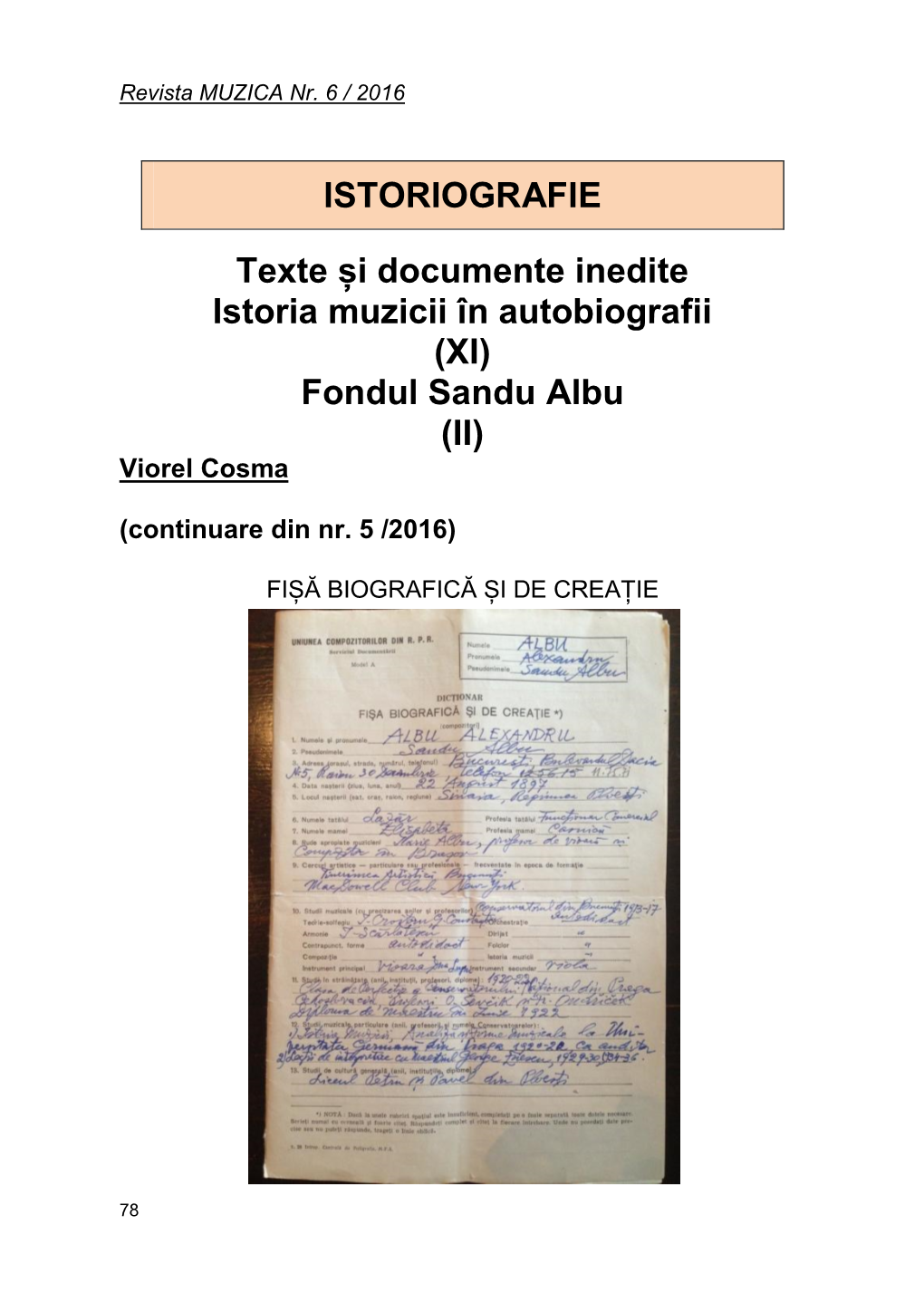 Texte Și Documente Inedite. Istoria Muzicii În Autobiografii