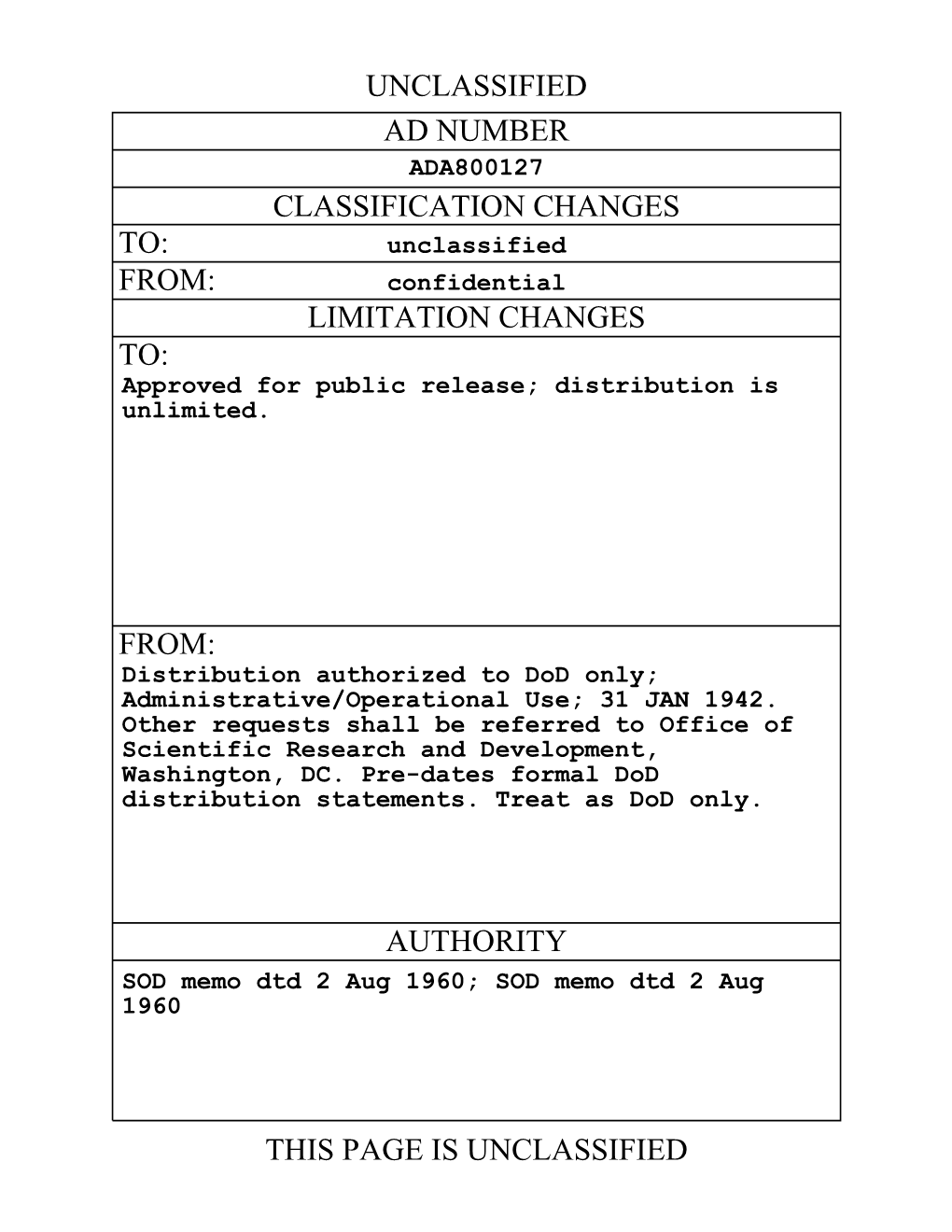 From: Limitation Changes To: From: Authority This Page Is Unclassified