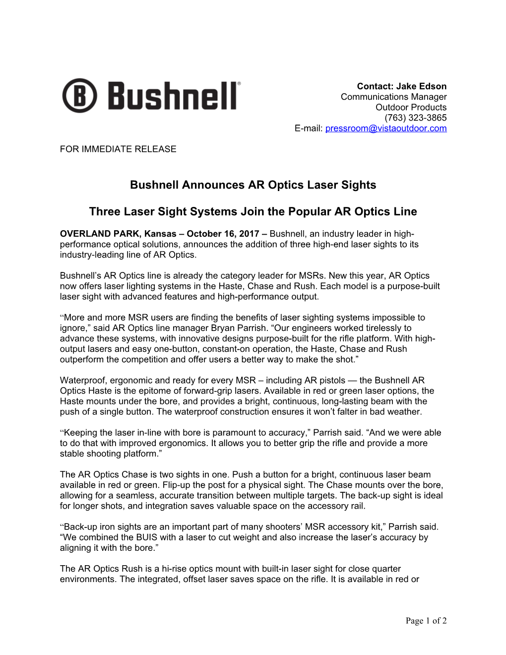 Bushnell Announces AR Optics Laser Sights