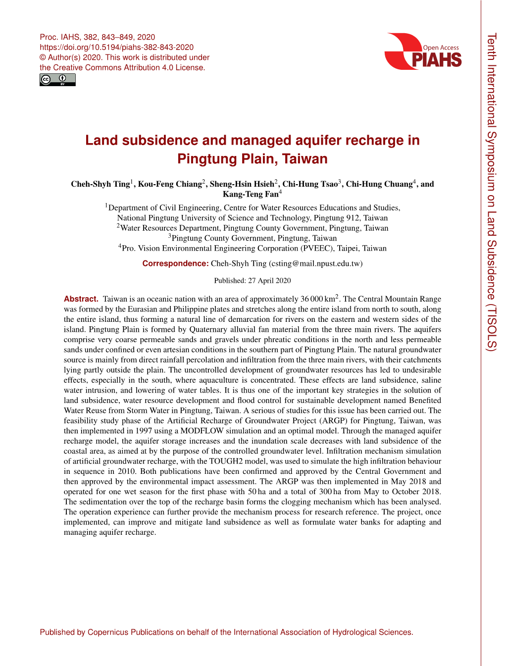 Land Subsidence and Managed Aquifer Recharge in Pingtung Plain, Taiwan