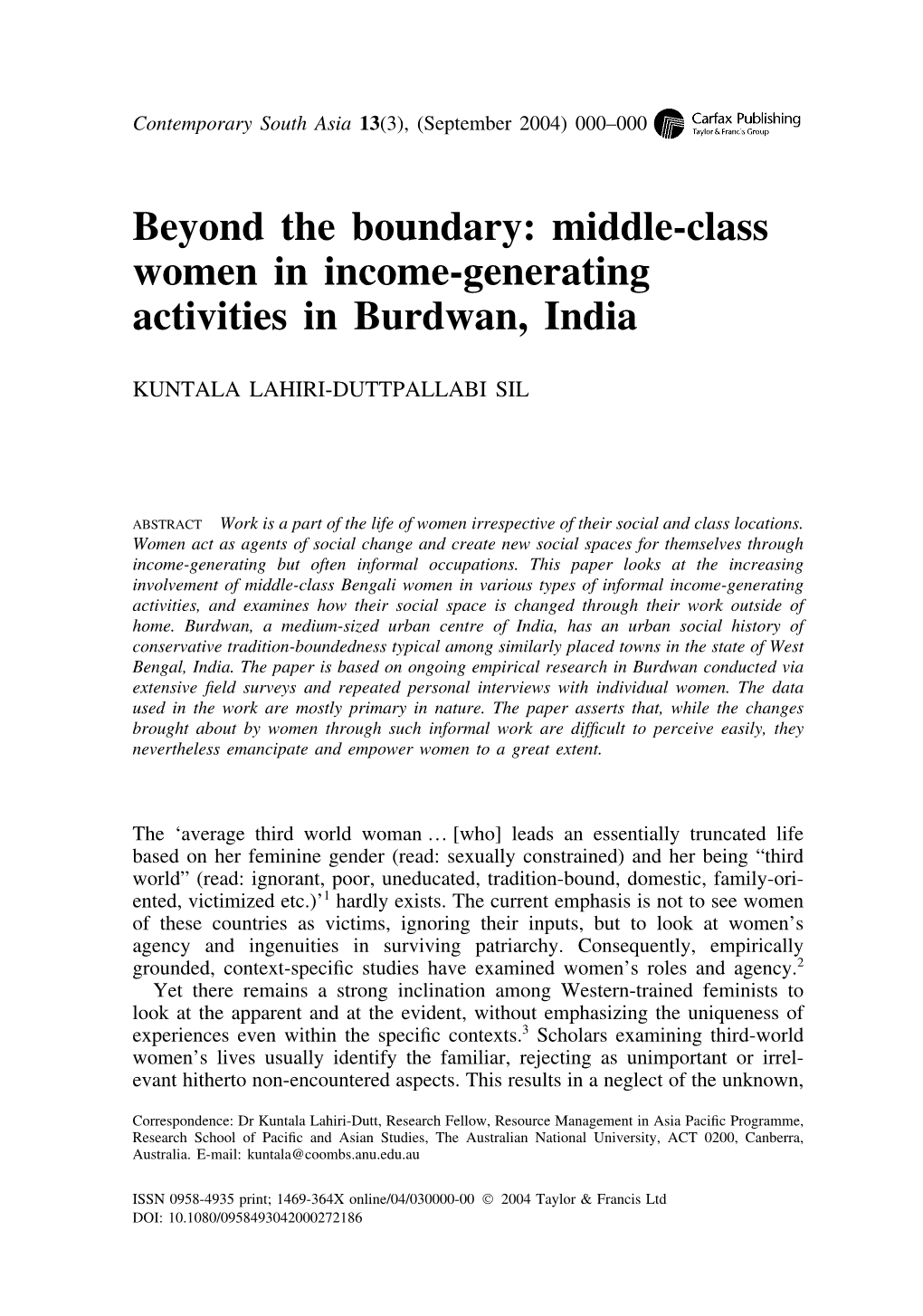Beyond the Boundary: Middle-Class Women in Income-Generating Activities in Burdwan, India