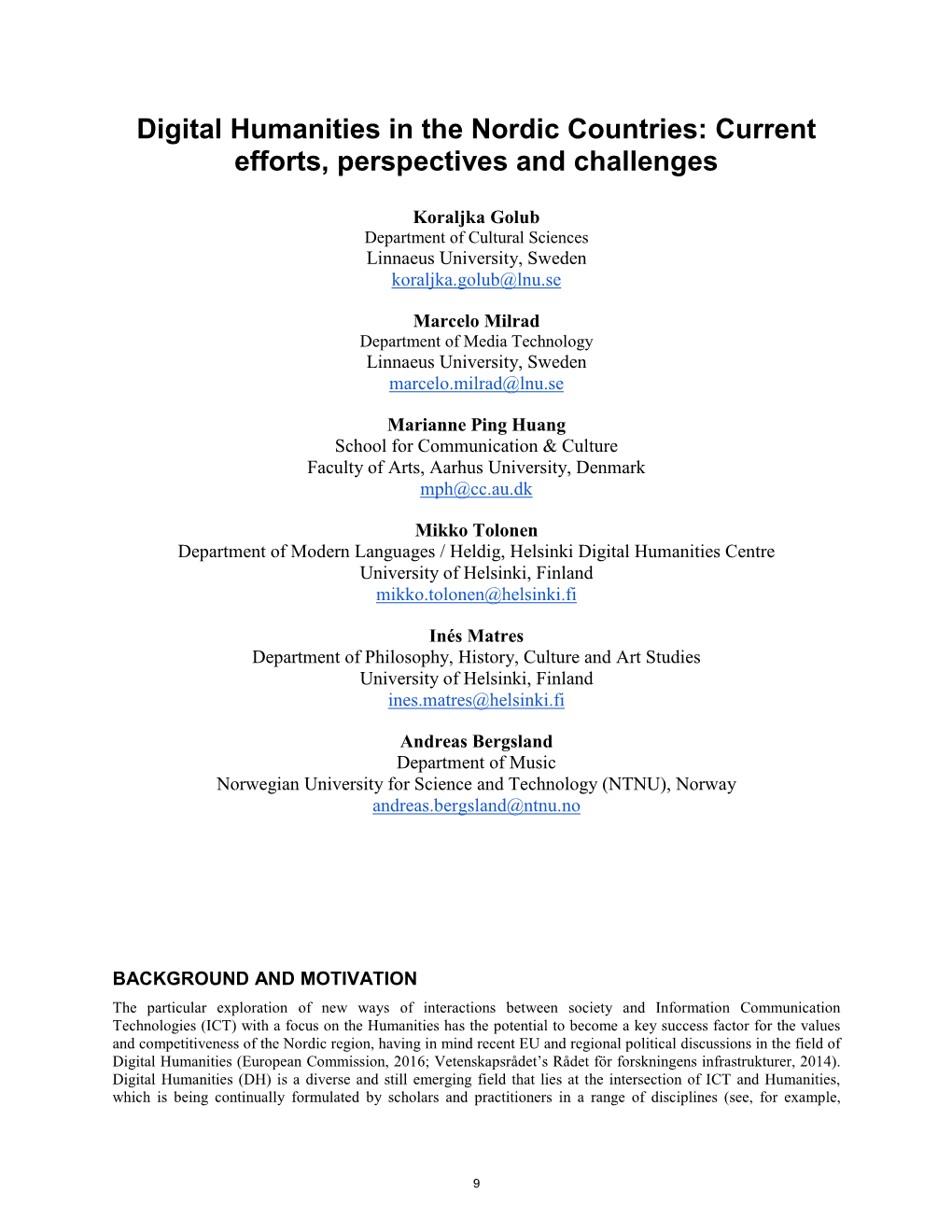 Digital Humanities in the Nordic Countries: Current Efforts, Perspectives and Challenges