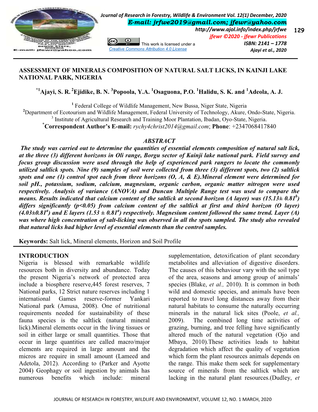 Assessment of Minerals Composition of Natural Salt Licks, in Kainji Lake National Park, Nigeria