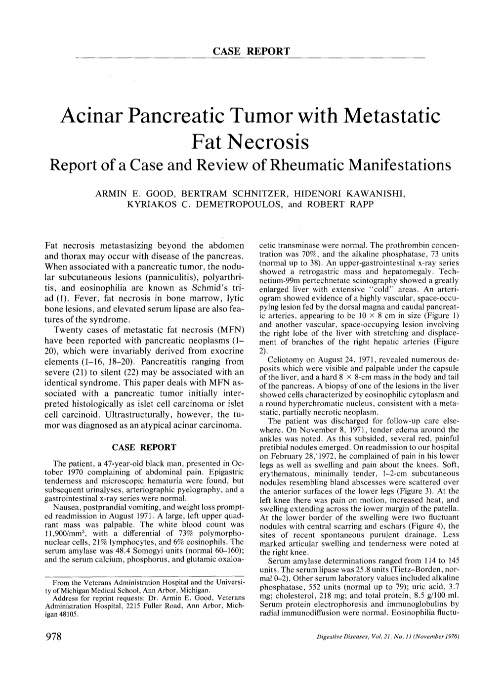 Acinar Pancreatic Tumor with Metastatic Fat Necrosis Report of a Case and Review of Rheumatic Manifestations