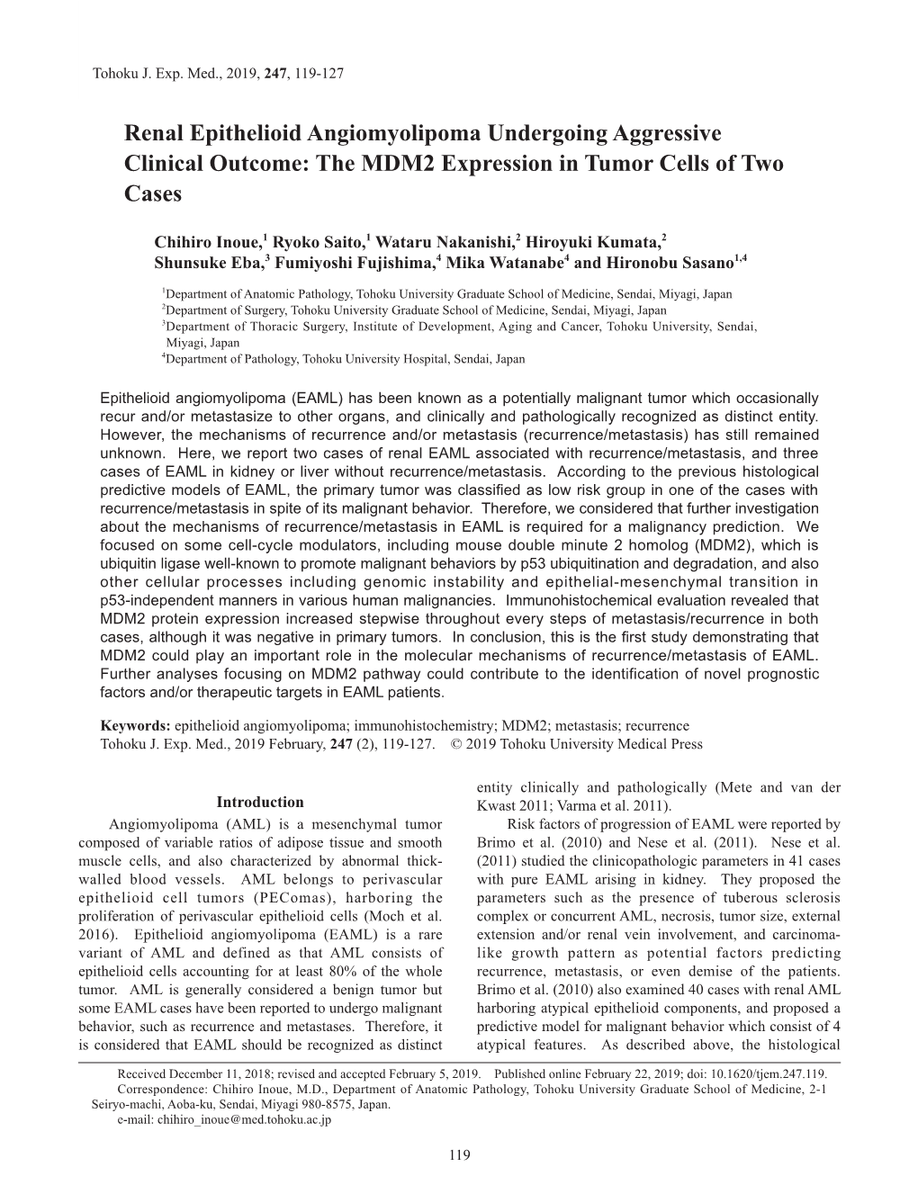 Renal Epithelioid Angiomyolipoma Undergoing Aggressive Clinical Outcome: the MDM2 Expression in Tumor Cells of Two Cases