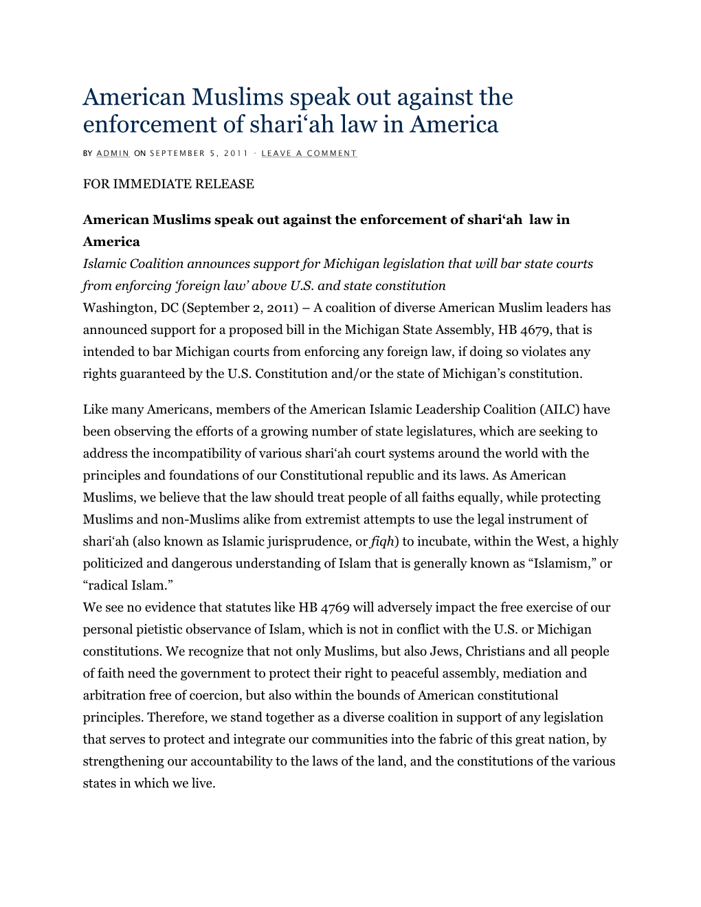 American Muslims Speak out Against the Enforcement of Shari'ah Law In