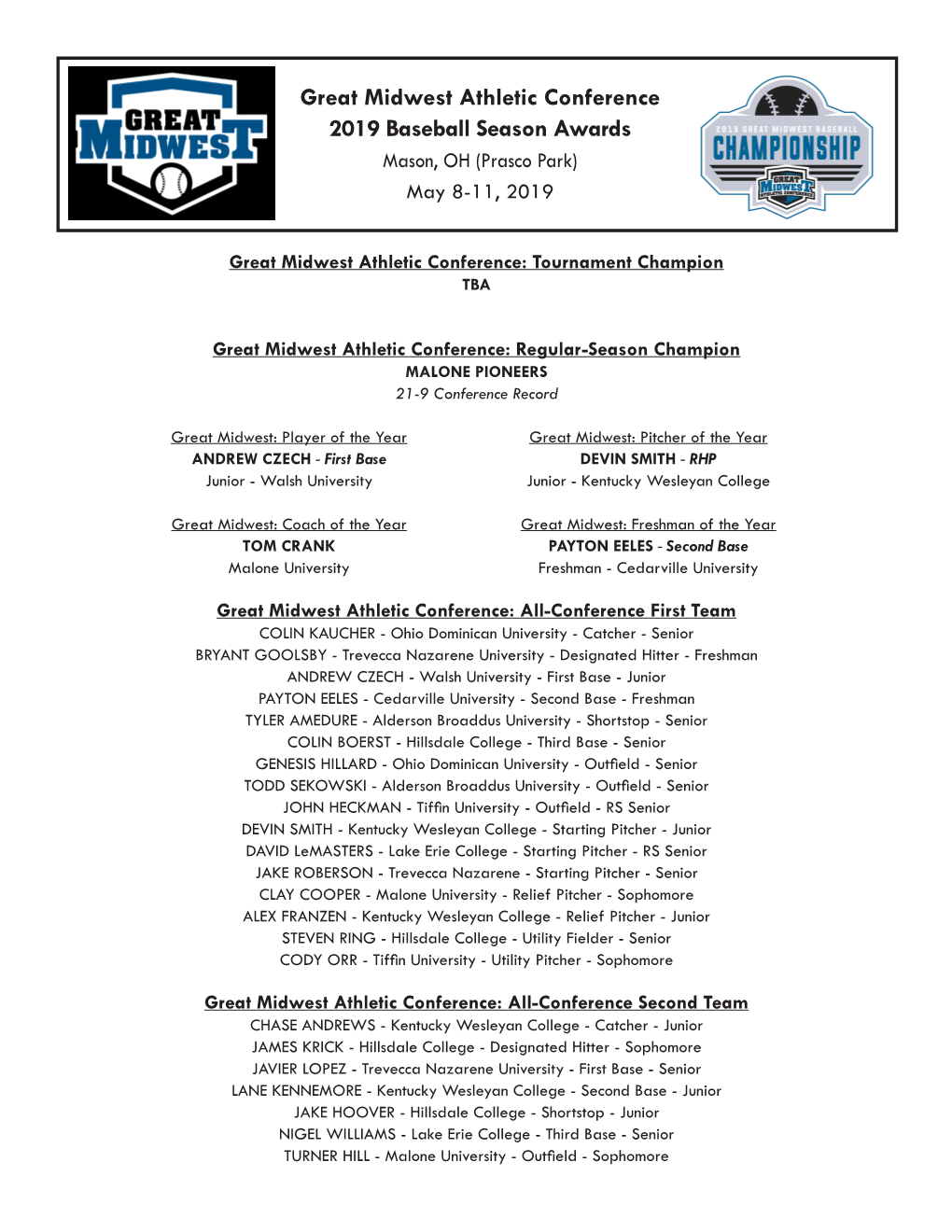 Great Midwest Athletic Conference 2019 Baseball Season Awards Mason, OH (Prasco Park) May 8-11, 2019