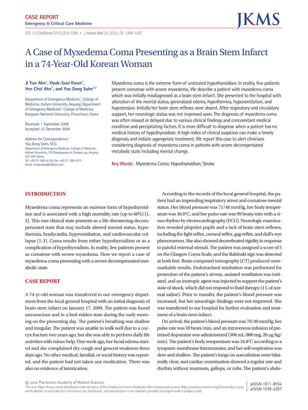 A Case of Myxedema Coma Presenting As a Brain Stem Infarct in a 74-Year-Old Korean Woman