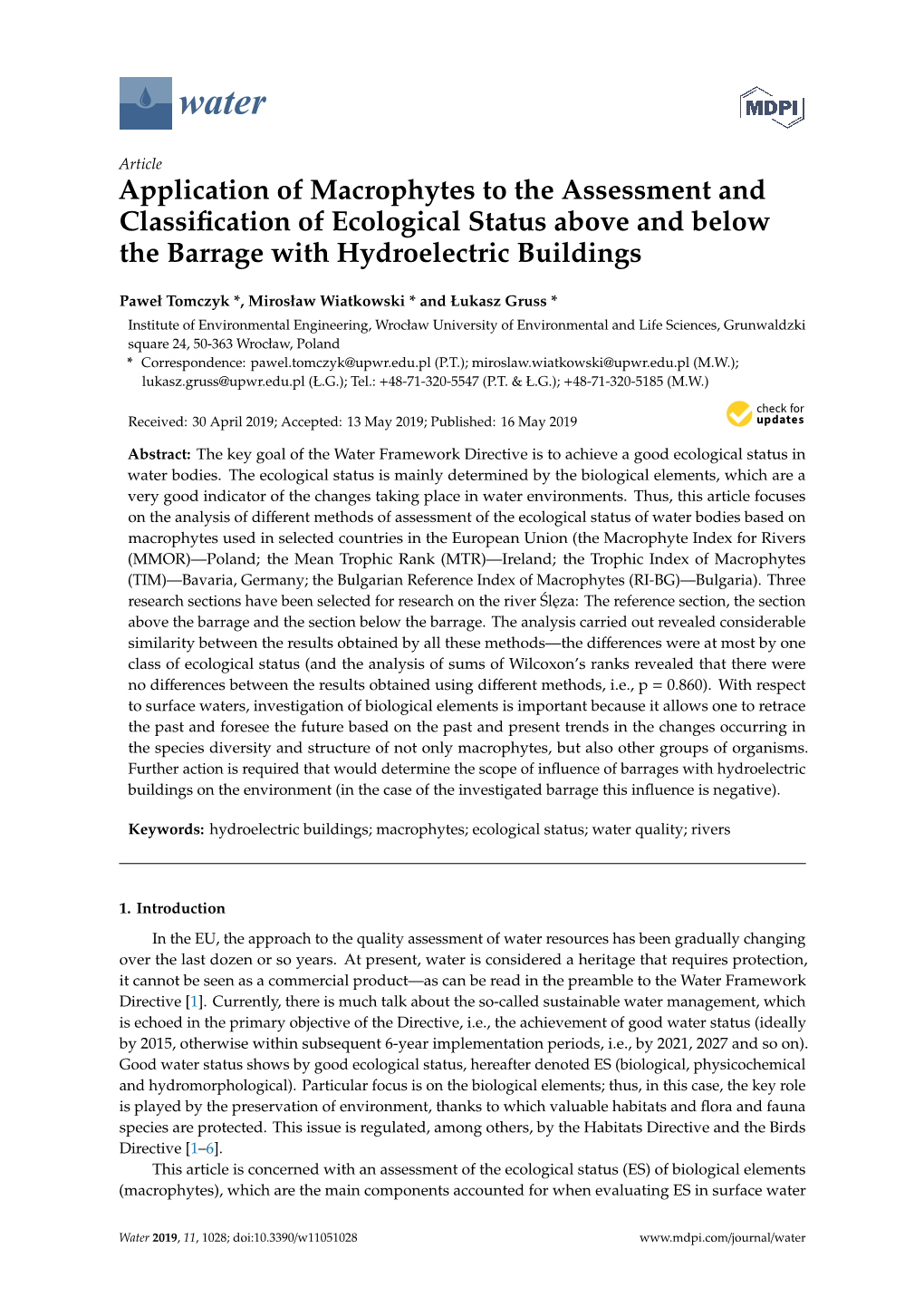 Application of Macrophytes to the Assessment and Classification Of