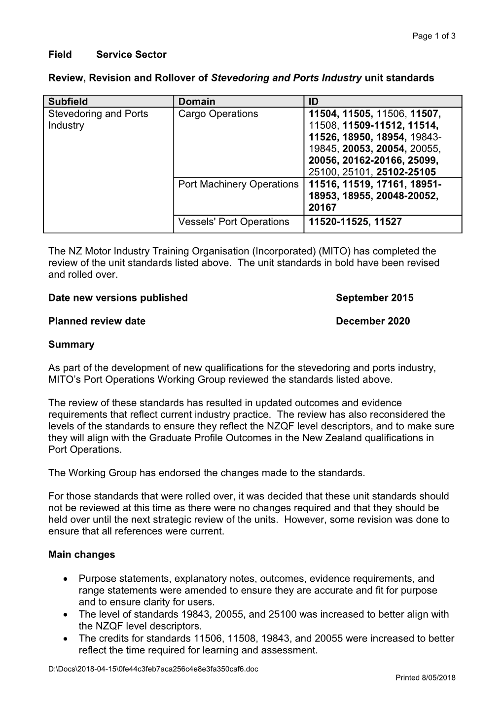 Review, Revision and Rollover of Stevedoring and Ports Industry Unit Standards