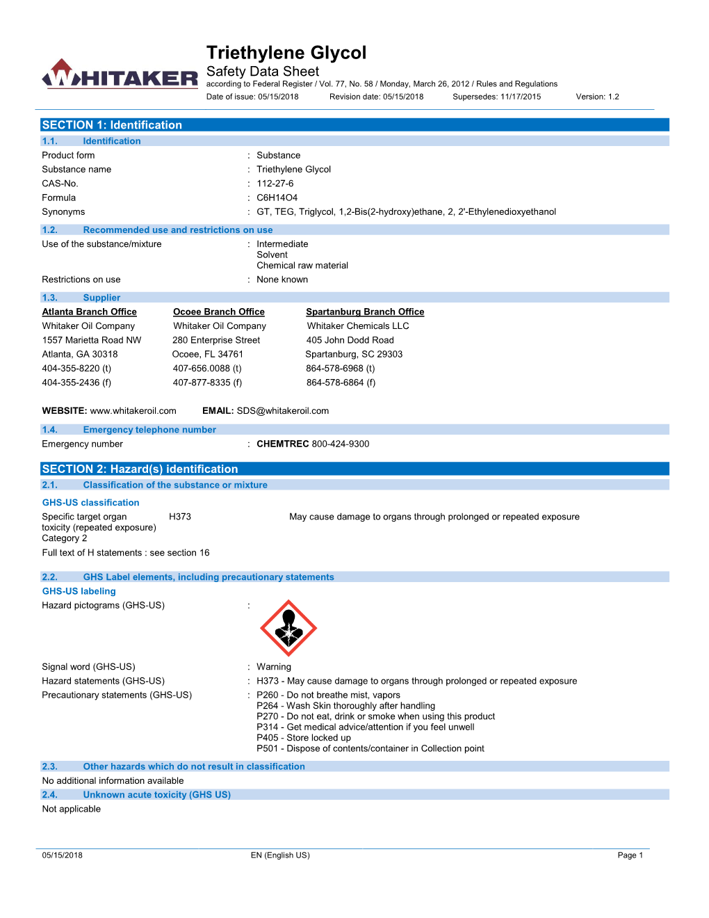 Triethylene Glycol Safety Data Sheet According to Federal Register / Vol