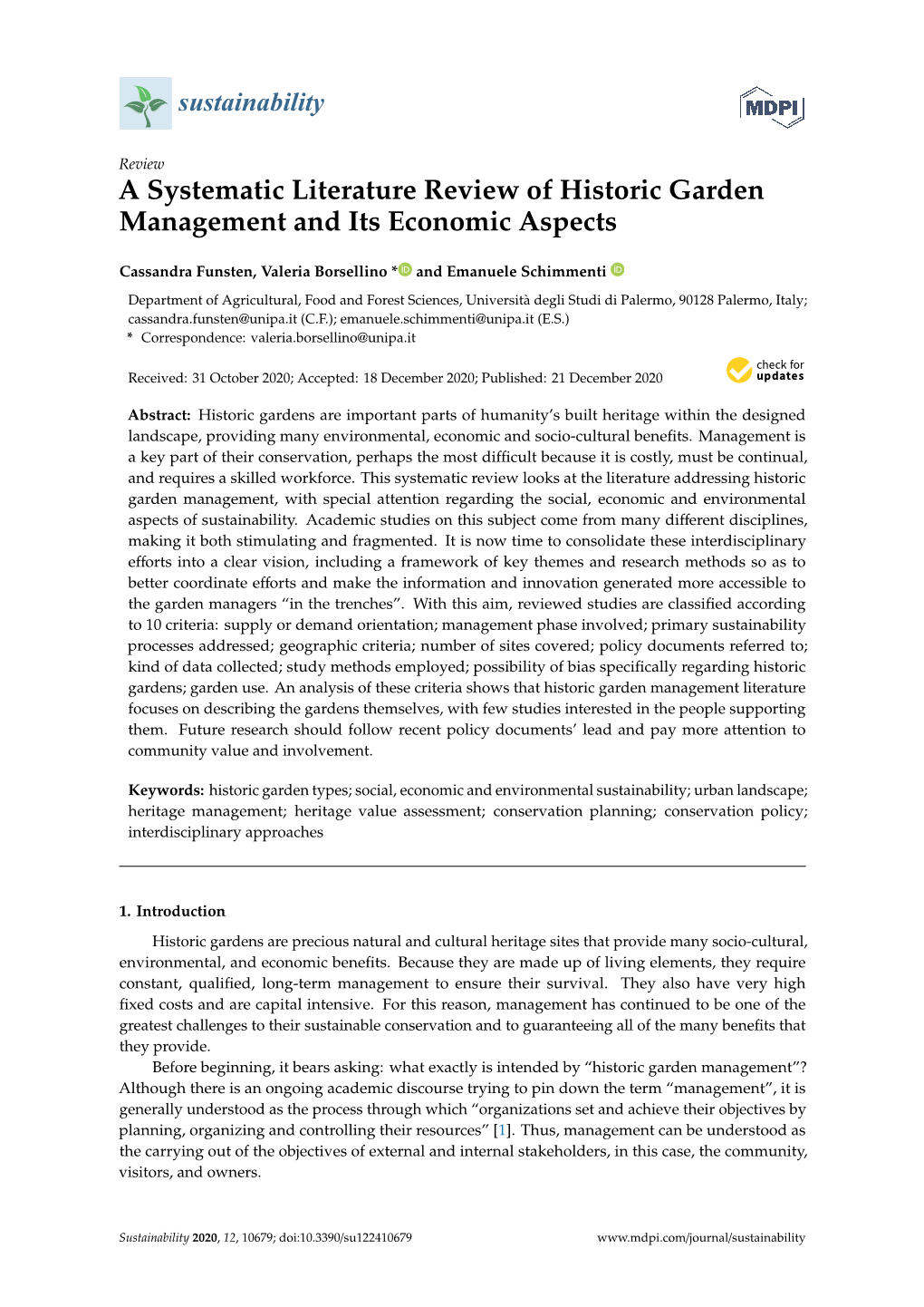 A Systematic Literature Review of Historic Garden Management and Its Economic Aspects