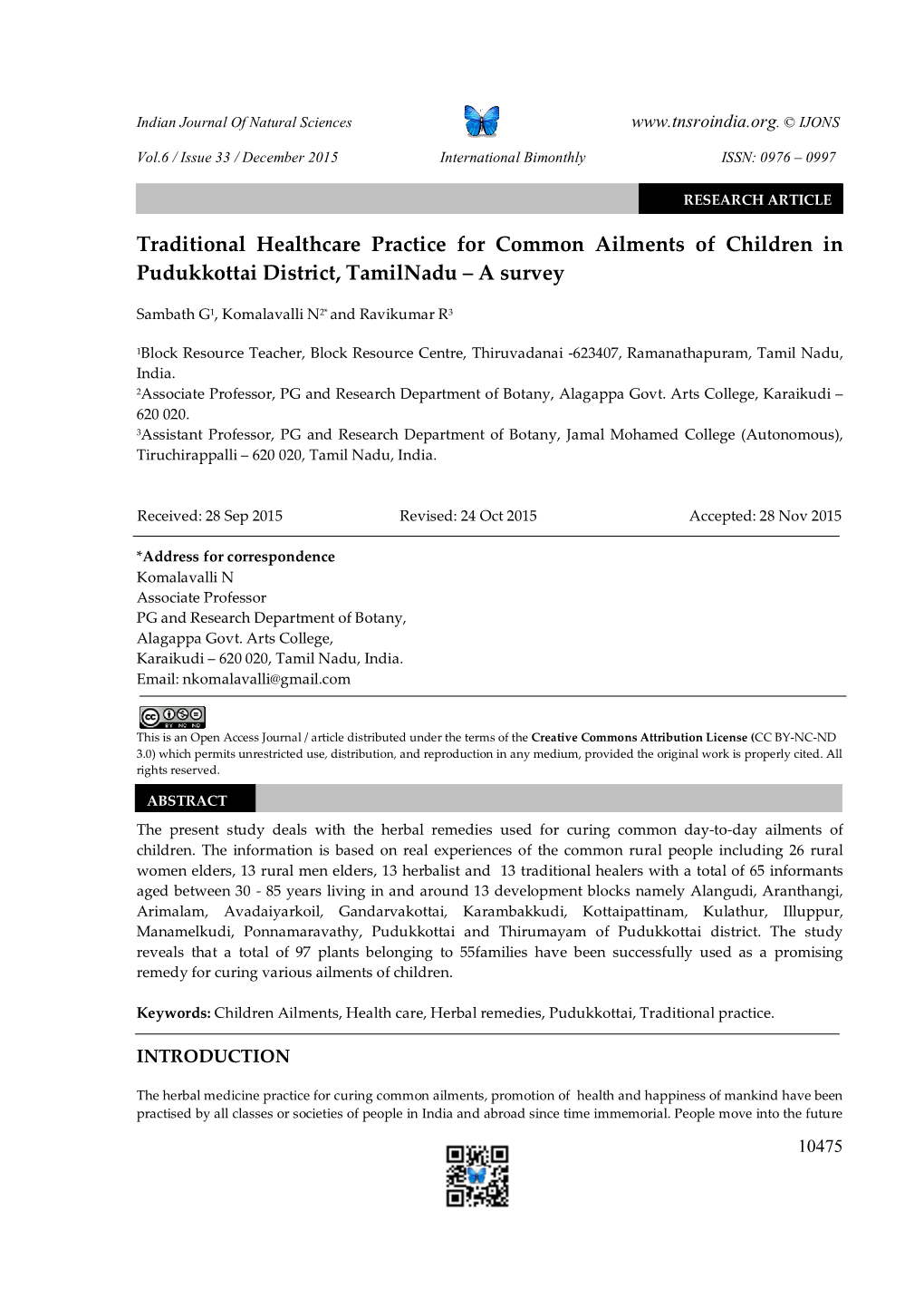 Traditional Healthcare Practice for Common Ailments of Children in Pudukkottai District, Tamilnadu – a Survey