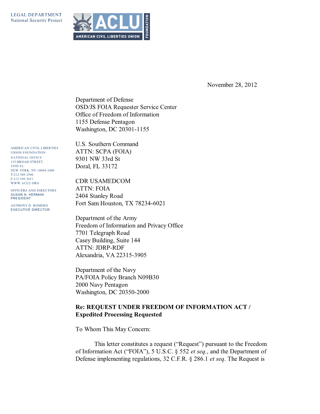 November 28, 2012 Department of Defense OSD/JS FOIA Requester