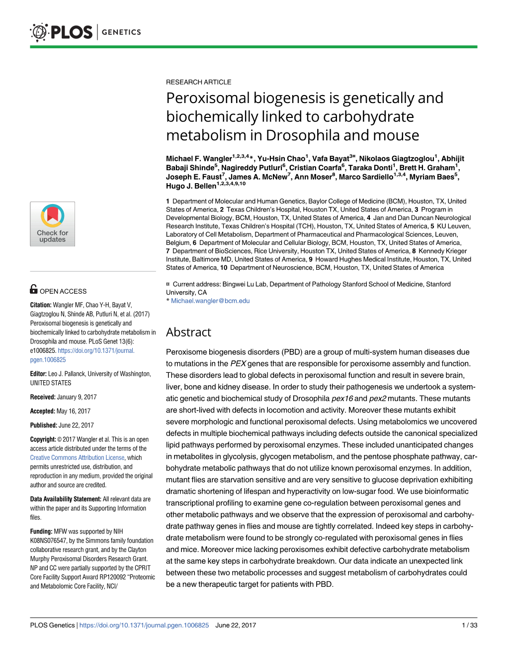 Peroxisomal Biogenesis Is Genetically and Biochemically Linked to Carbohydrate Metabolism in Drosophila and Mouse