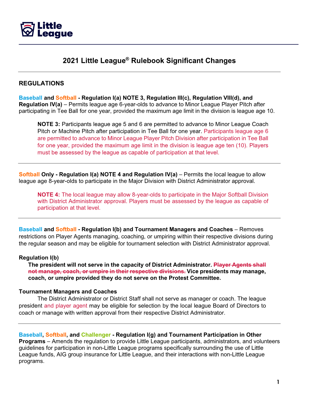 2021 Little League® Rulebook Significant Changes