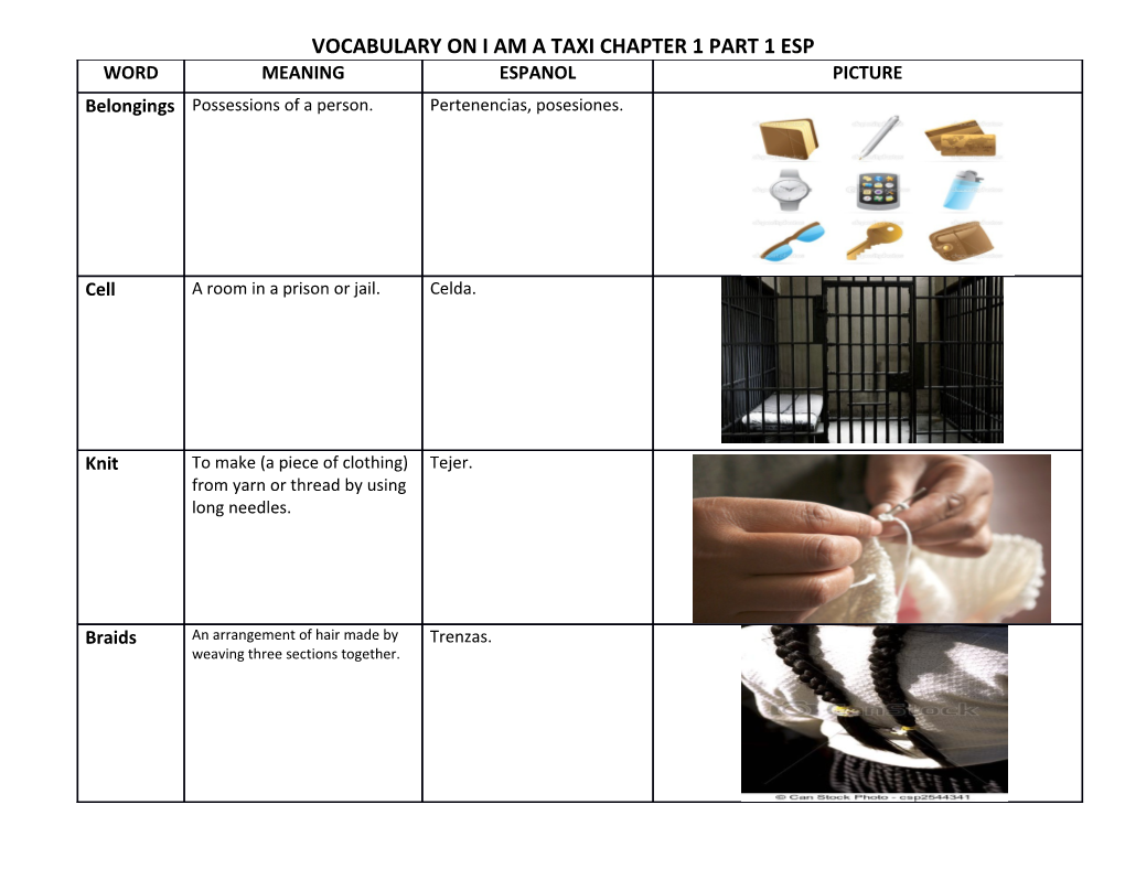 Vocabulary on I Am a Taxi Chapter 1 Part 1 Esp