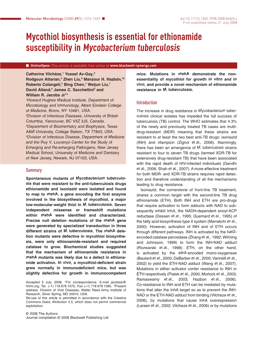 Mycothiol Biosynthesis Is Essential for Ethionamide Susceptibility in Mycobacterium Tuberculosis