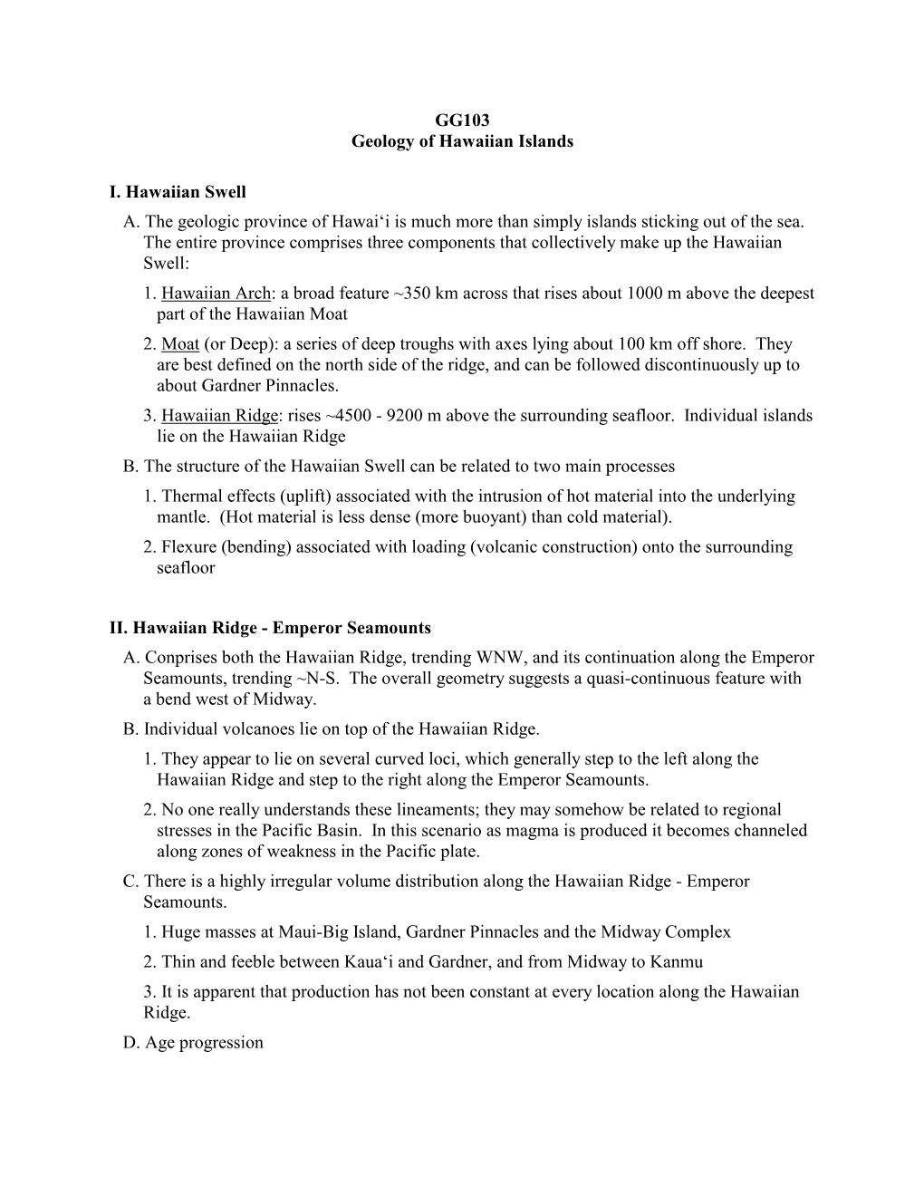 GG103 Geology of Hawaiian Islands I. Hawaiian Swell