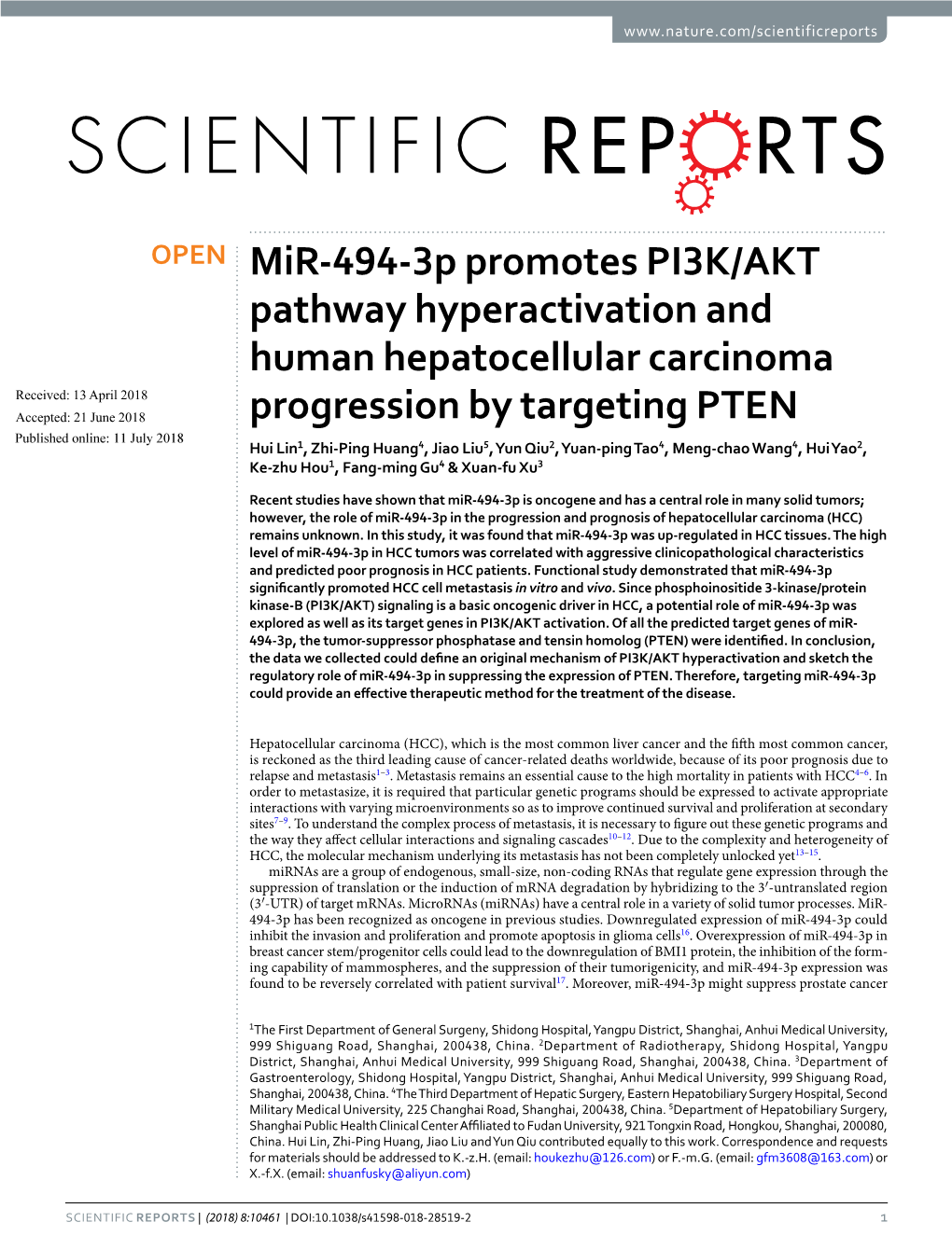 Mir-494-3P Promotes PI3K/AKT Pathway Hyperactivation And