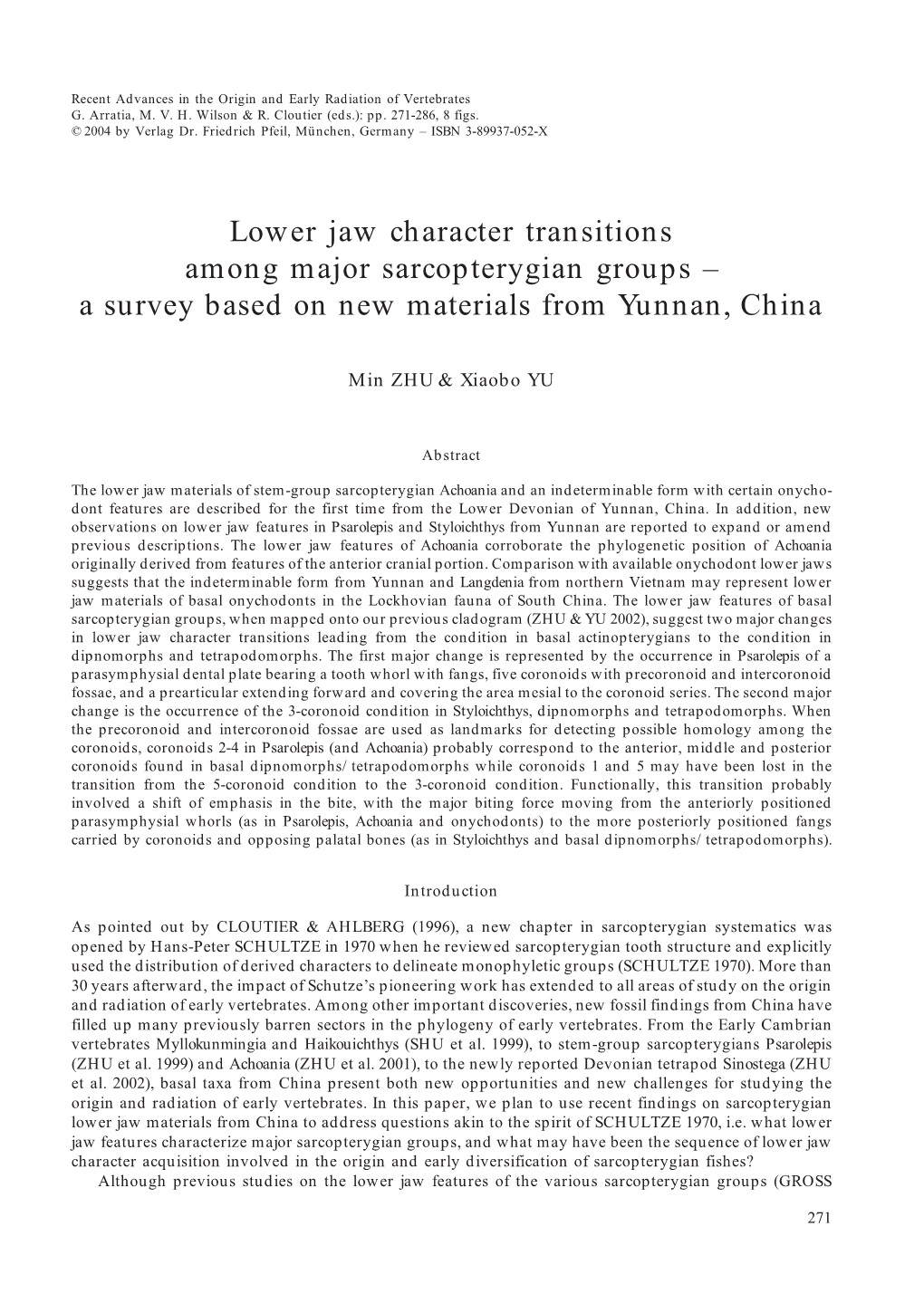 Lower Jaw Character Transitions Among Major Sarcopterygian Groups – a Survey Based on New Materials from Yunnan, China