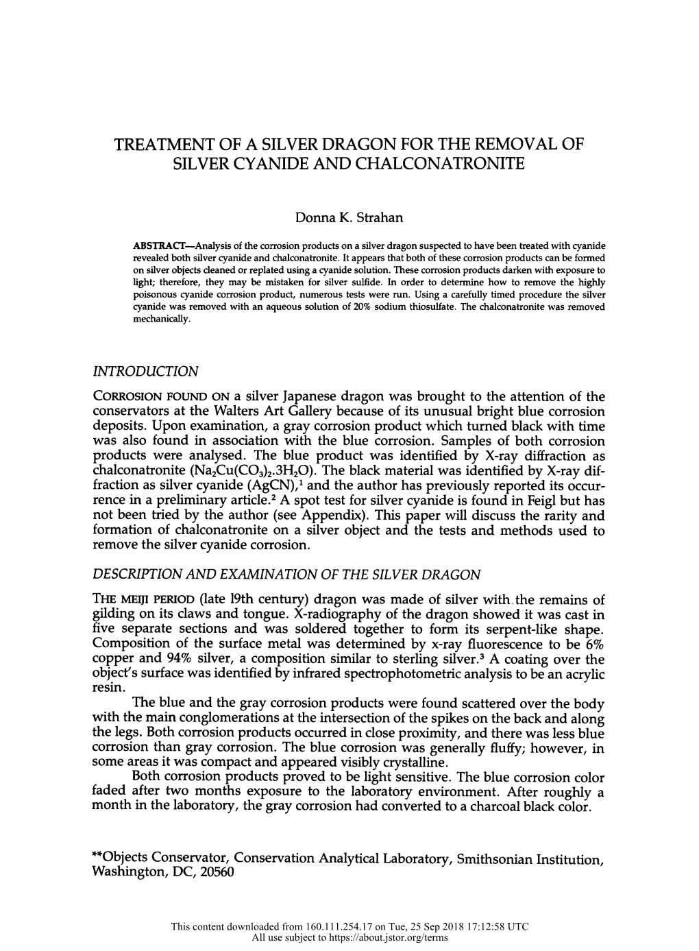 Treatment of a Silver Dragon for the Removal of Silver Cyanide and Chalconatronite