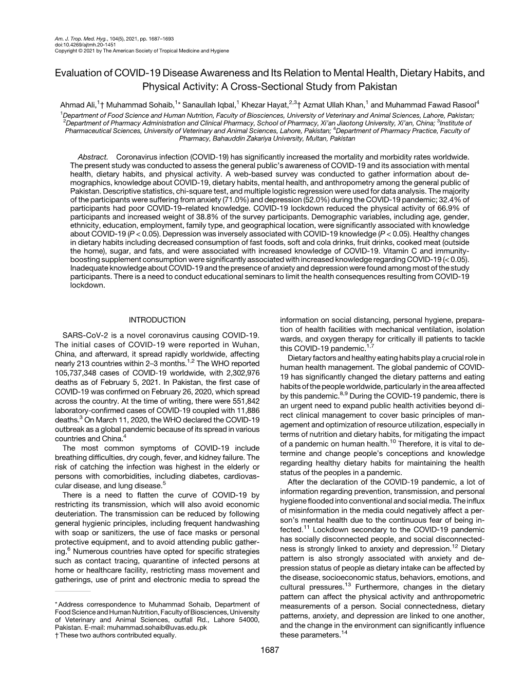 Evaluation of COVID-19 Disease Awareness and Its Relation to Mental Health, Dietary Habits, and Physical Activity: a Cross-Sectional Study from Pakistan