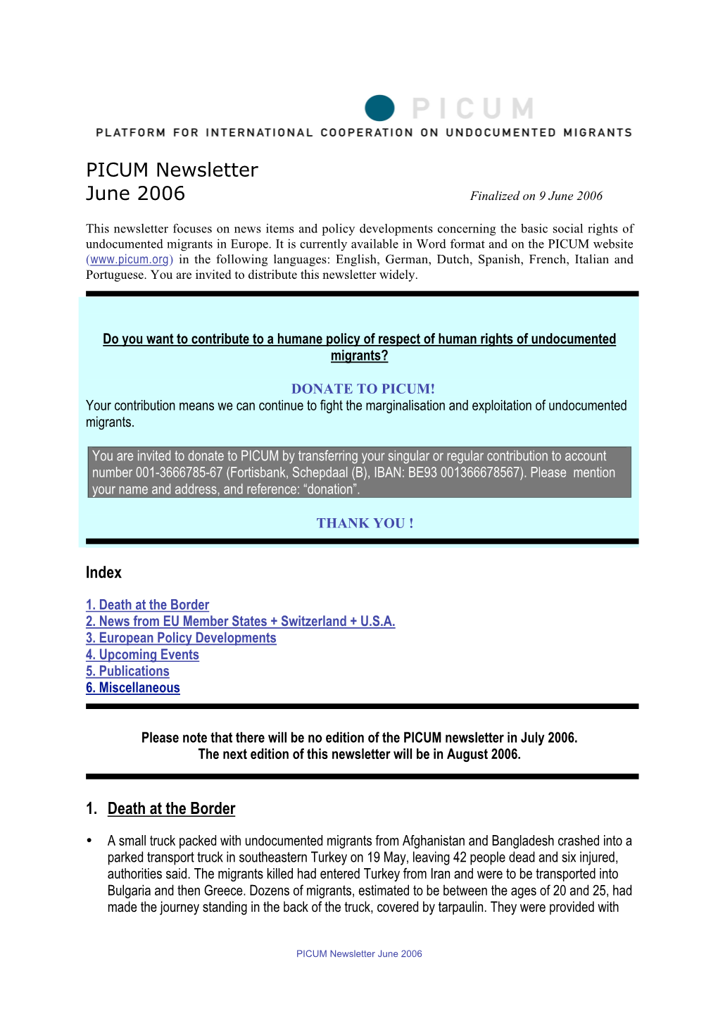 PICUM Newsletter June 2006 Finalized on 9 June 2006