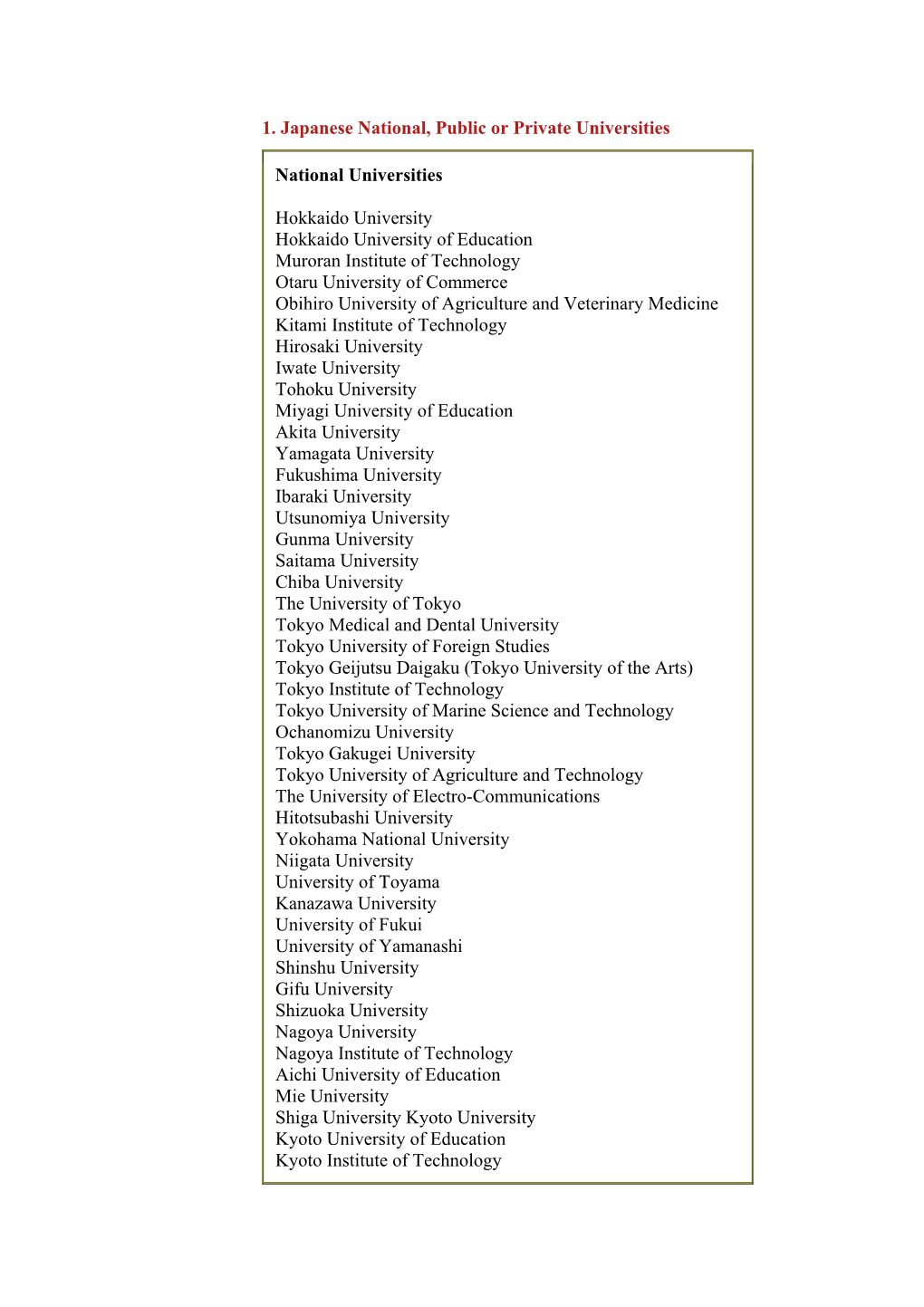 1. Japanese National, Public Or Private Universities