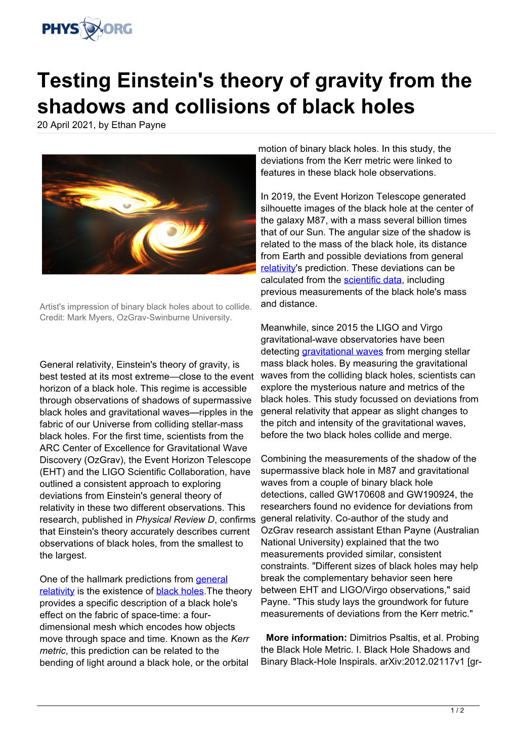 Testing Einstein's Theory of Gravity from the Shadows and Collisions of Black Holes 20 April 2021, by Ethan Payne