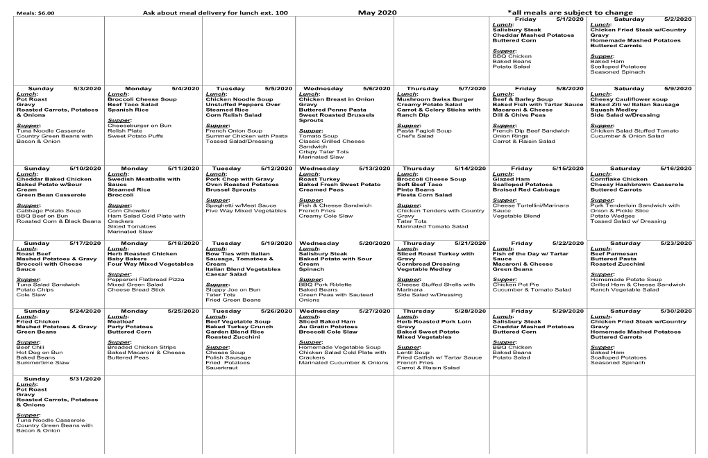 Meals Are Subject to Change May 2020