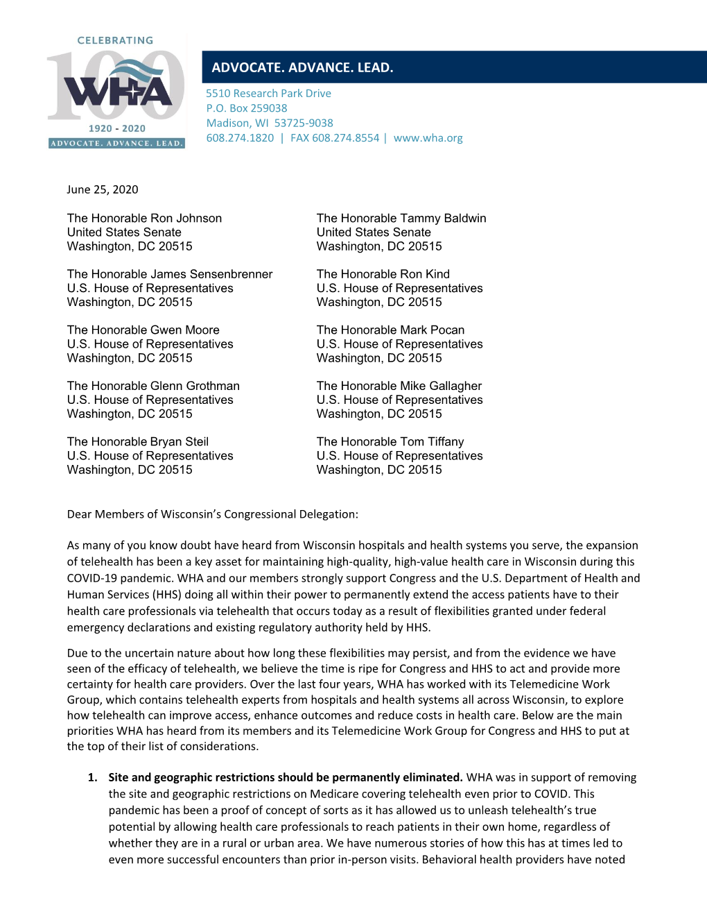 WHA Letter to WI Cong. Delegation Re