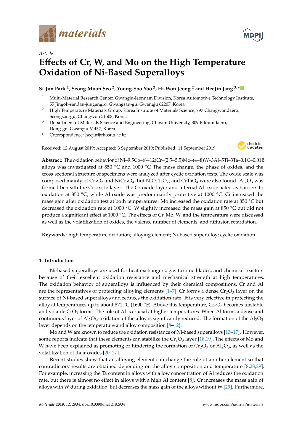 Effects of Cr, W, and Mo on the High Temperature Oxidation of Ni-Based