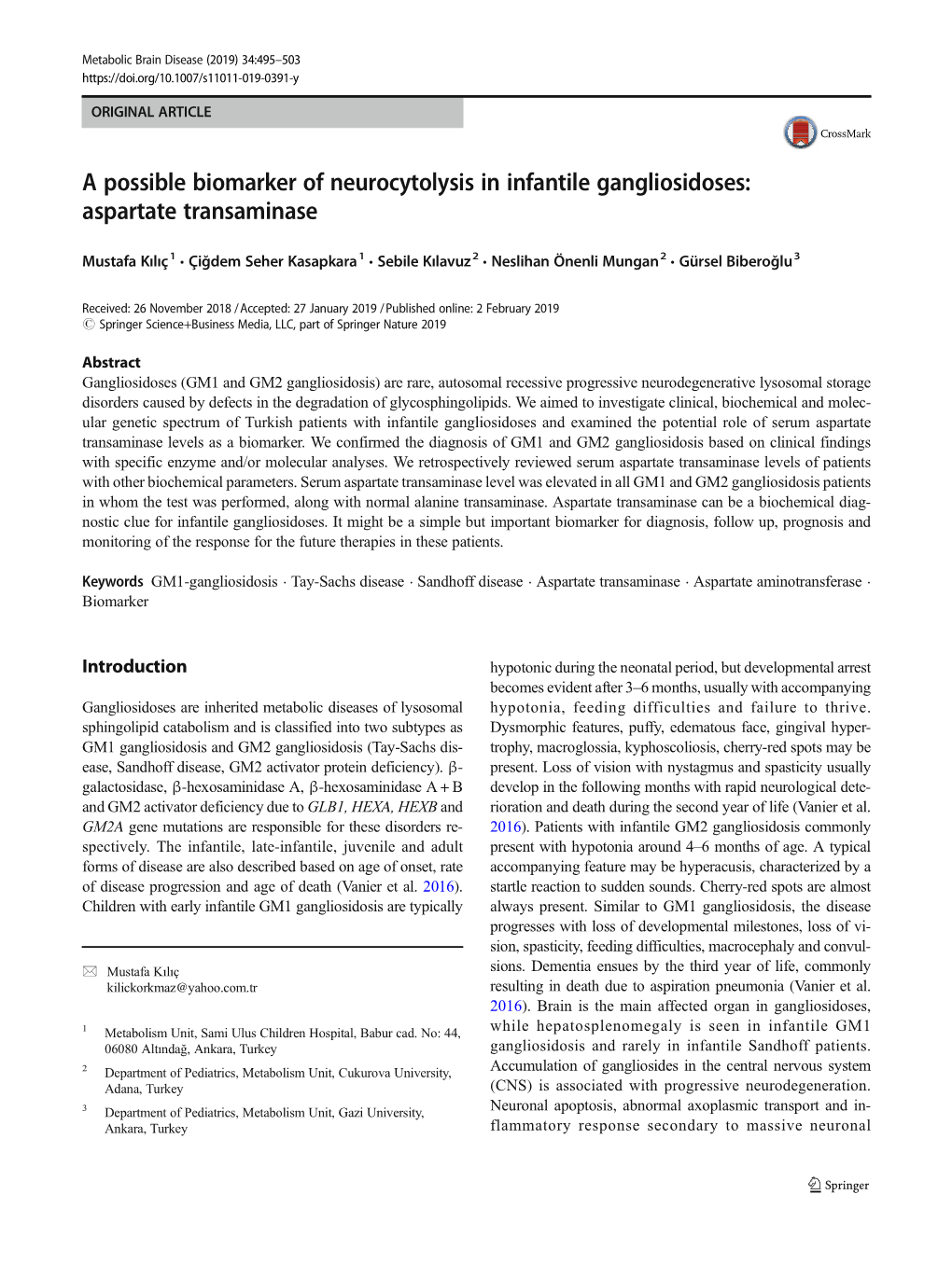 A Possible Biomarker of Neurocytolysis in Infantile Gangliosidoses: Aspartate Transaminase