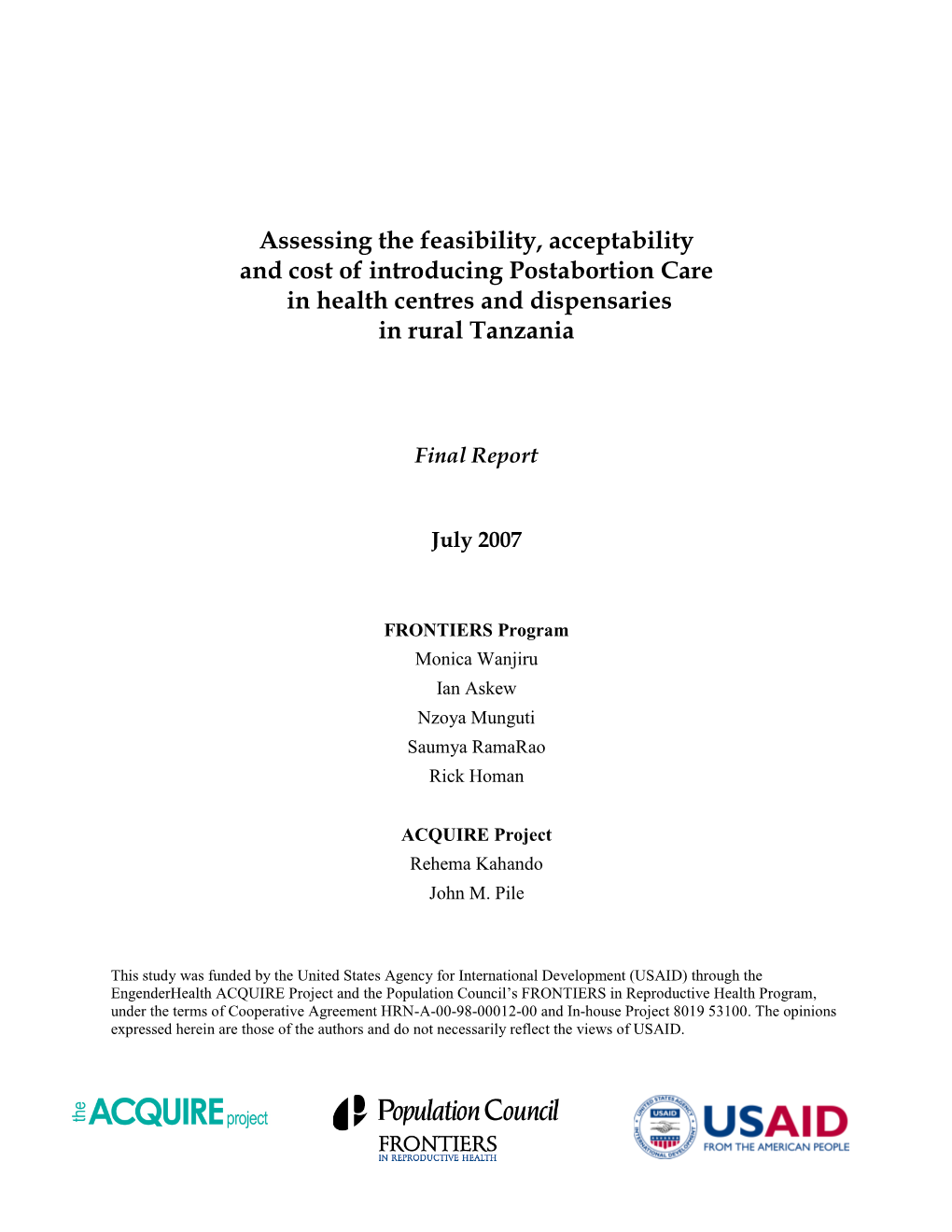 Assessing the Feasibility, Acceptability and Cost of Introducing Postabortion Care in Health Centres and Dispensaries in Rural Tanzania