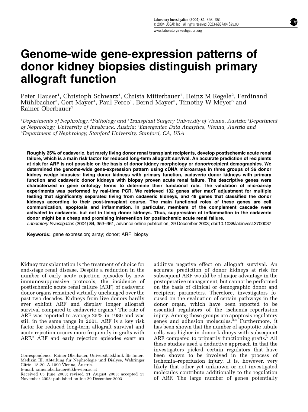 Genome-Wide Gene-Expression Patterns of Donor Kidney Biopsies Distinguish Primary Allograft Function