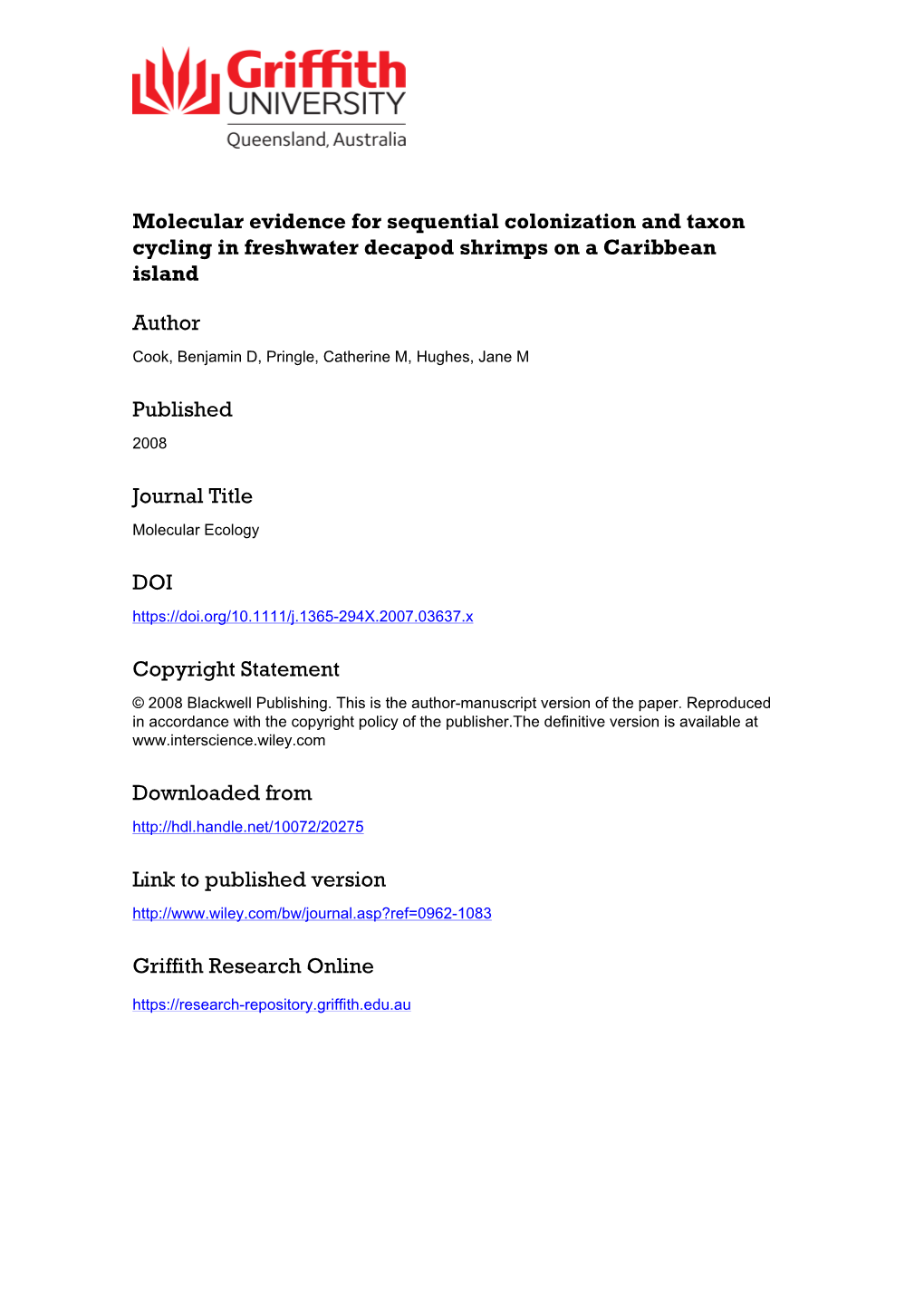 1 Molecular Evidence for Sequential Colonization and Taxon Cycling In