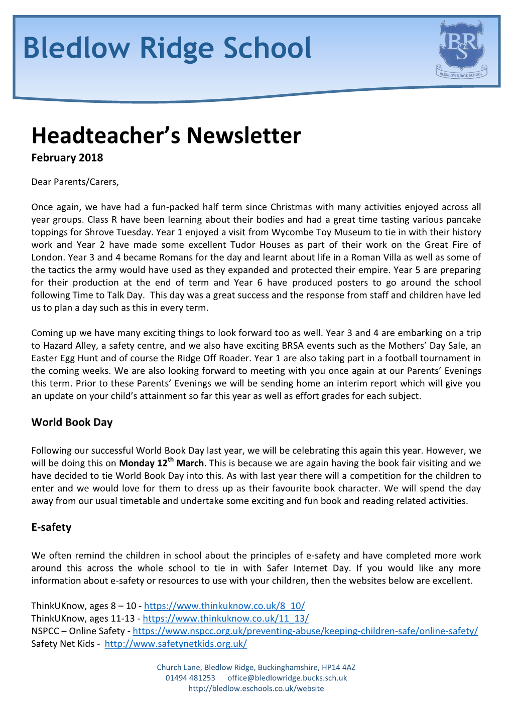 Bledlow Ridge School Headteacher's Newsletter