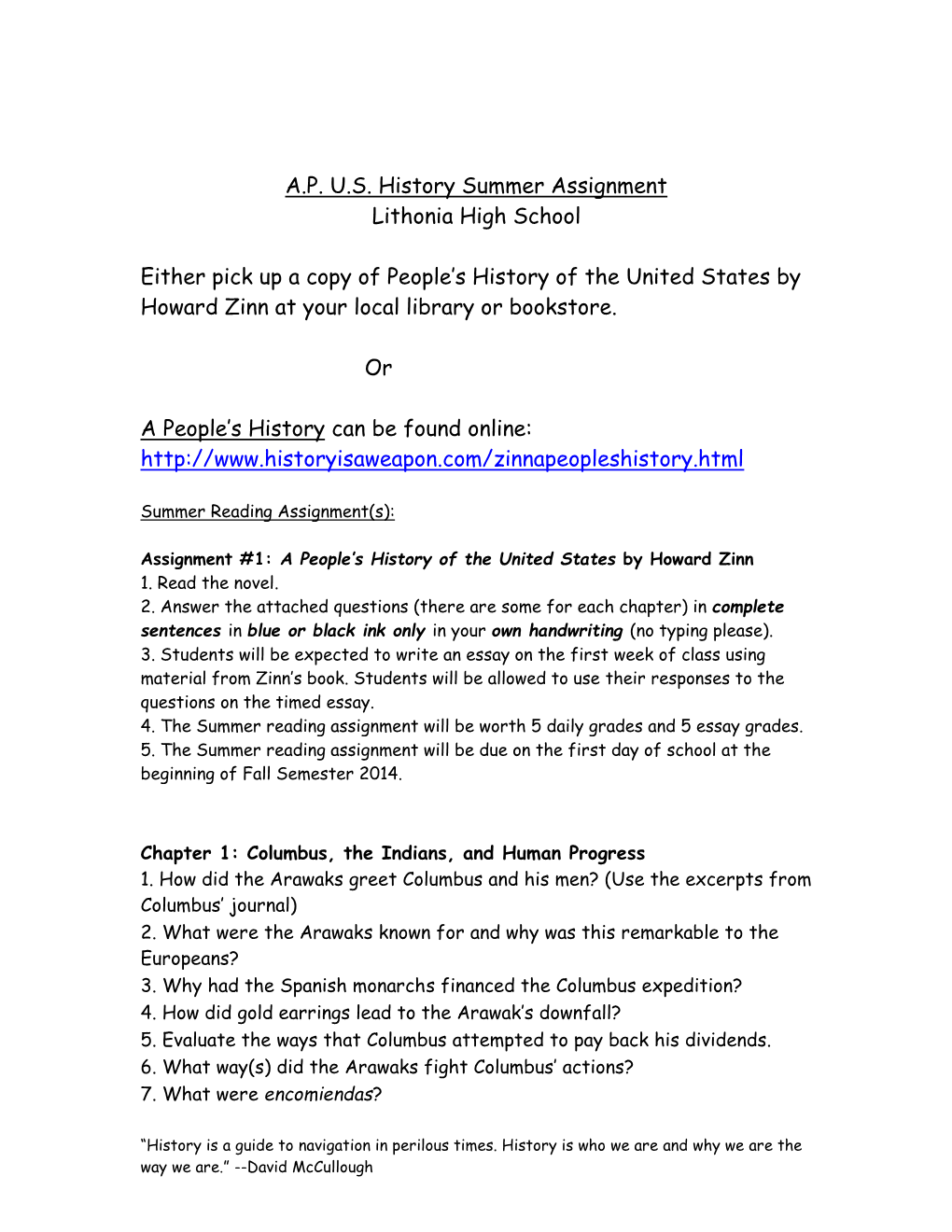 A.P. U.S. History Summer Assignment Lithonia High School Either Pick Up